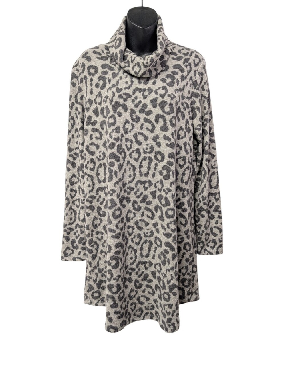 Sinuous Women's Sweater Dress Size S Gray Black Leopard Cowl Neck Knee Length